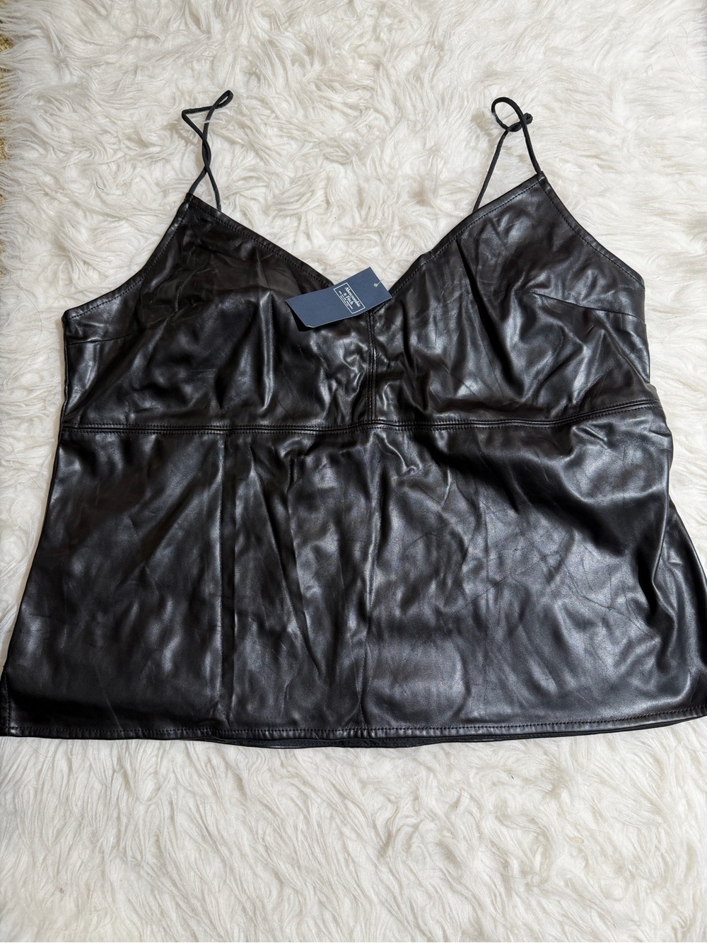 NWT Abercrombie & Fitch XL Black Faux Leather Cami Top with Spaghetti Straps cut